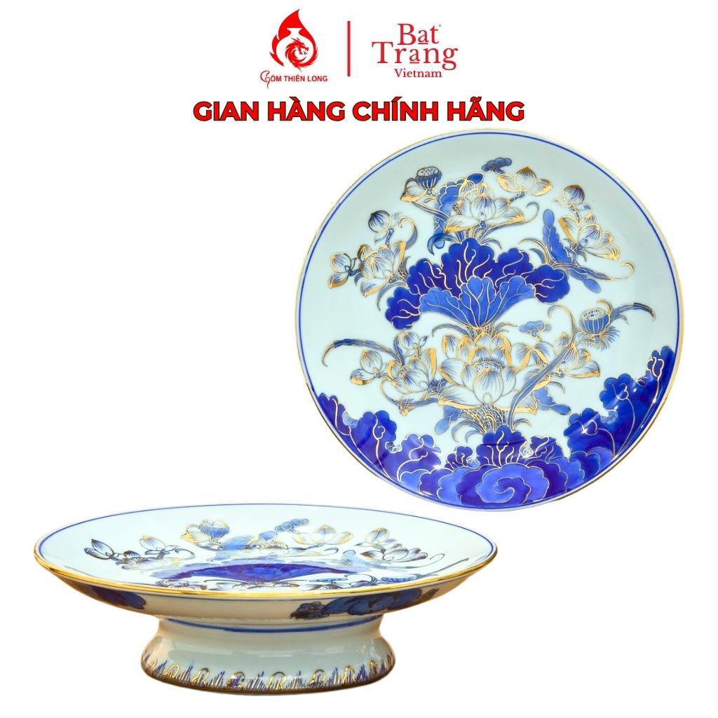 Mâm bồng sứ Bát Tràng Gốm Thiên Long 231109 men lam vẽ vàng hoa sen - Full size