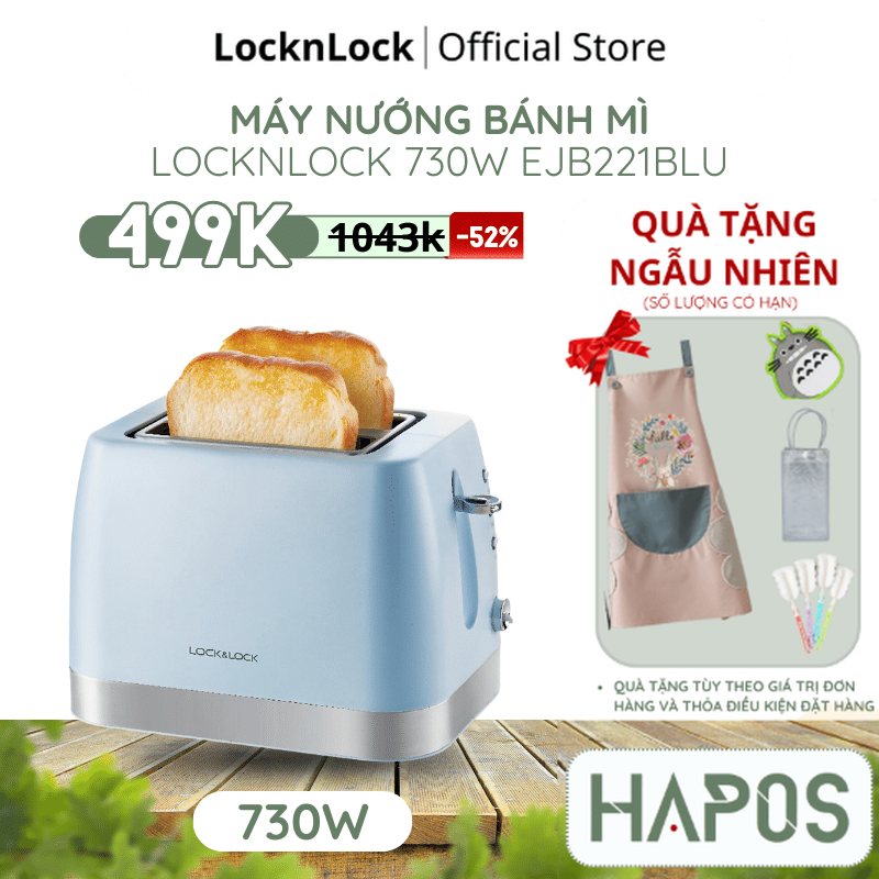Máy nướng bánh mì LocknLock EJB221BLU - Hàng chính hãng bảo hành 24 tháng, dùng hâm nóng, nướng bánh sandwich - HAPOS