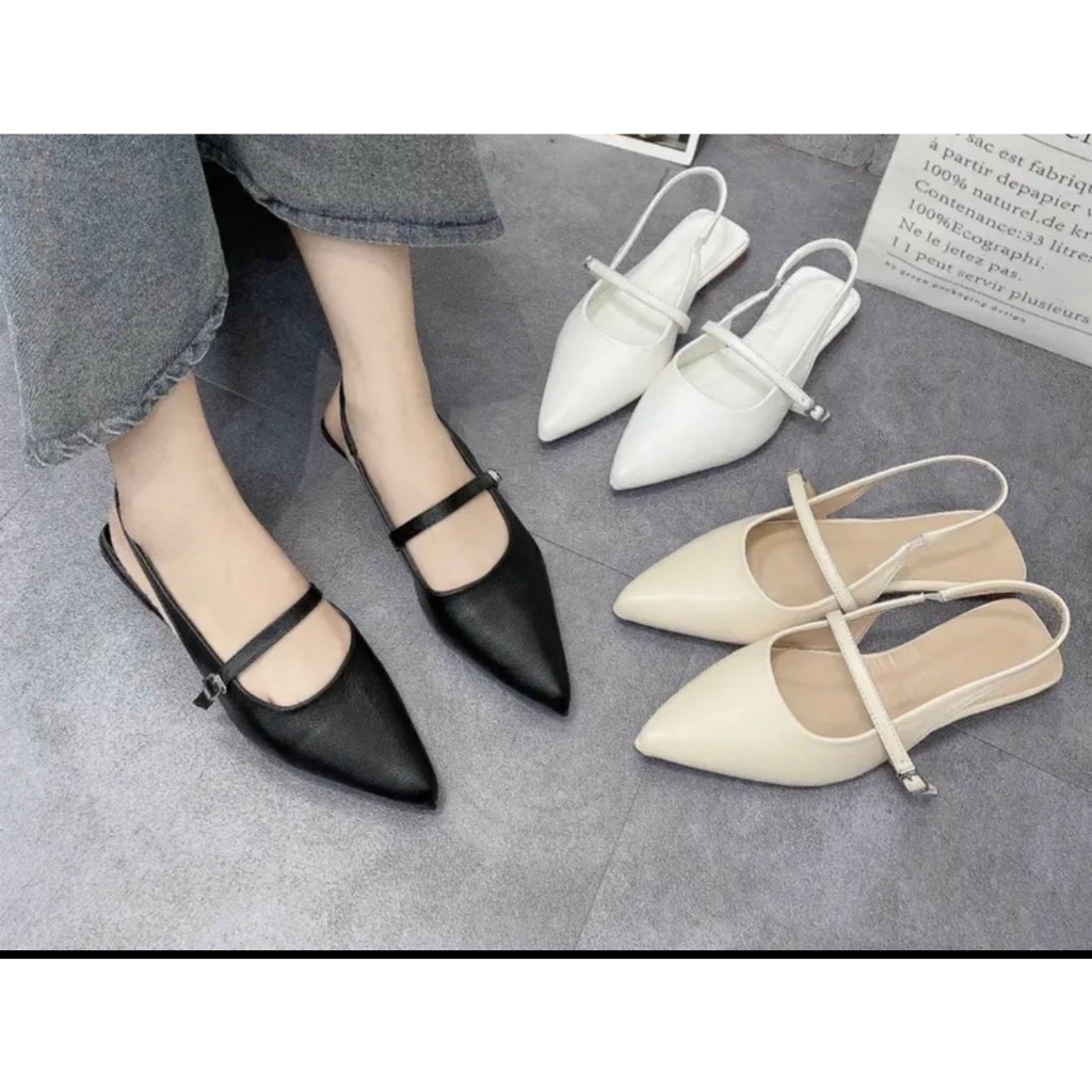 Giày nữ, sandal mũi nhọn quai ngang trơn đế bệt chất da mịn SDHP100