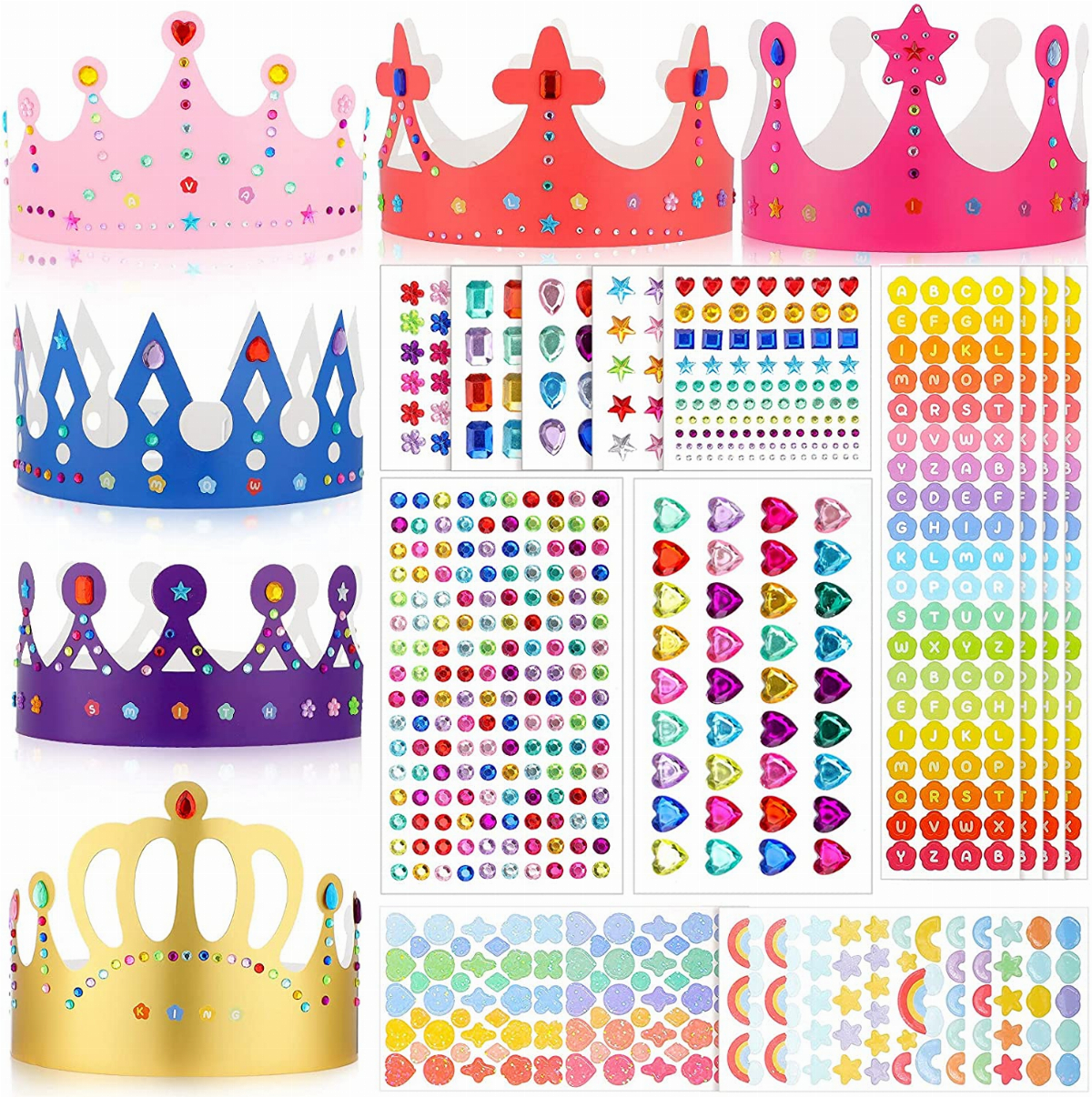 Paper Crowns Princess Prince Crown Kids Birthday Party King Hats Gold gem Jewels Number Letter Stickers Boys Girls Adults DIY Decorate Decor Favor Supplies Classroom Classic Style,34 Pieces 