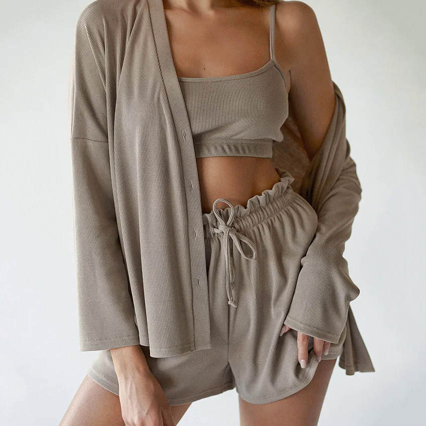 Cà Phê Áo Choàng Tắm Set Người Phụ Nữ 3 Mảnh Đan Áo Choàng Của Phụ Nữ Đồ Ngủ Sexy Quần Short Váy Pijama Áo Choàng Phụ Nữ Pajama Bộ Áo Ngủ