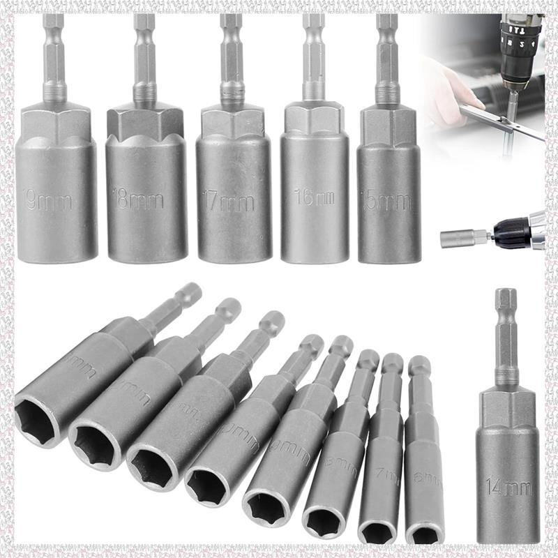 (YQRU) 14 PCS Hexagonal Sockets Set Metal 6-19mm Deep Socket Adapter Kit Hex Shank Nut Driver Bits Set Quick Change Nut Setter