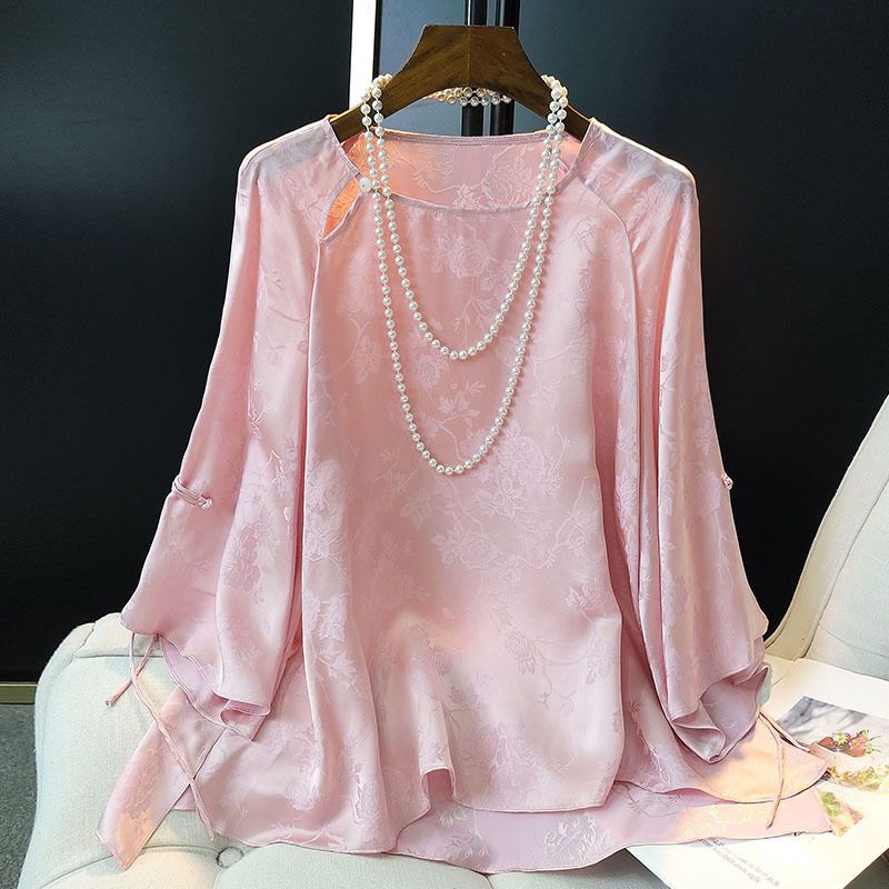 Oliviaretro màu hồng in giả lụa dâu tằm hàng đầu của phụ nữ mùa xuân mới nút đĩa cổ tròn giả lụa Áo sơ mi 401d1167