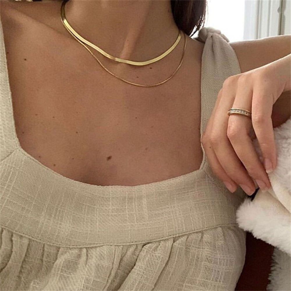 PSU1 Flat Versatile Solid Korean Curb Link 18K Gold Plated Double Layered Necklace Snake Bone Chain Clavicle Chain