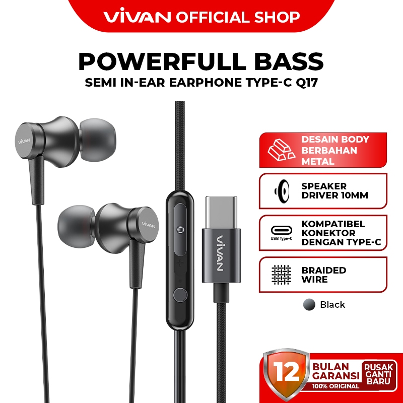 VIVAN Headset Semi In-Ear Earphone Type-C Metal Body Powerful Bass Mic Remote Q18 Garansi 12 Bulan