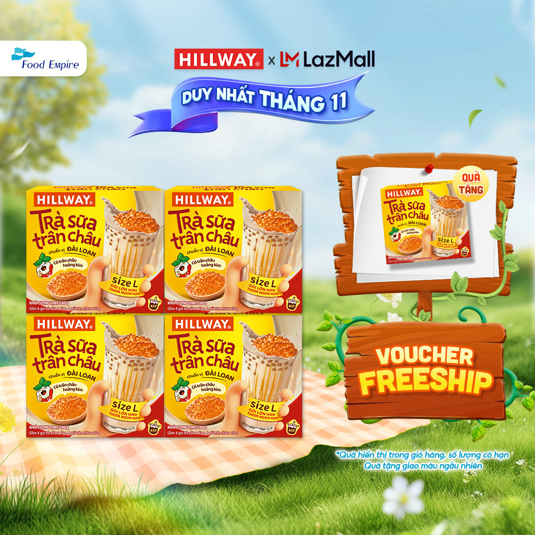 Combo 4 hộp Trà sữa trân châu Hoàng Kim - Hillway - Chuẩn vị Đài Loan size L (hộp 4 gói trà sữa 4 gó