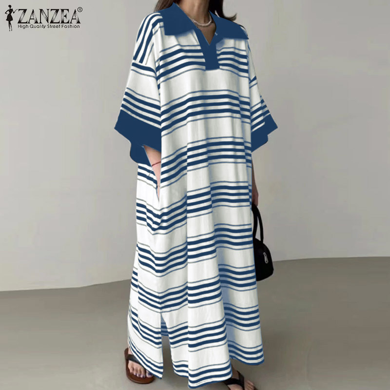 ZANZEA Korean Style Women Summer Mid Sleeve Stripe Dress Turn-Down-Collar Loose Long Dresses #0303 ราคา 469 บาท*ส่งฟรี