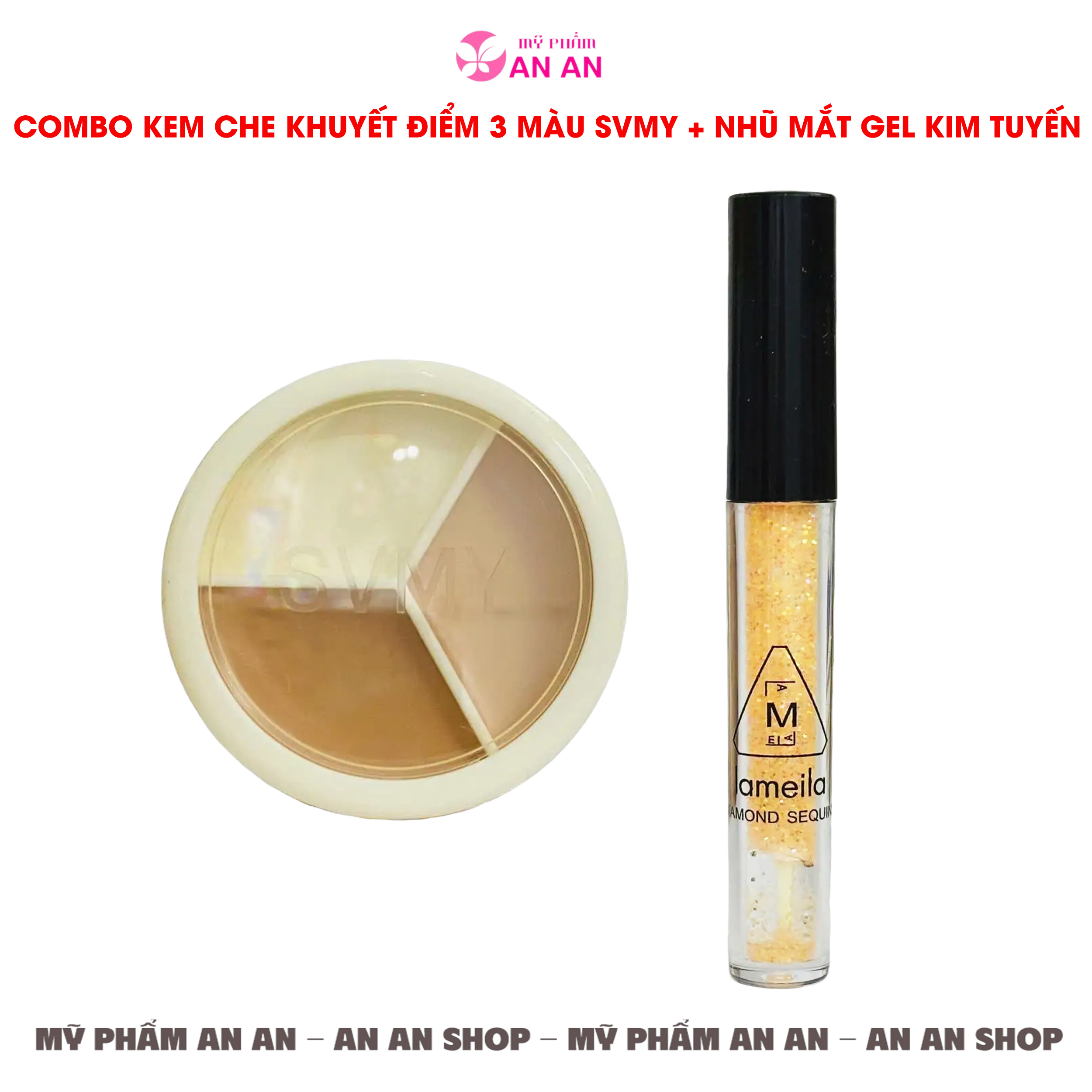 Combo Kem che khuyết điểm 3 màu SVMY, Nhũ mắt gel kim tuyến Lameila - Hàng chính hãng