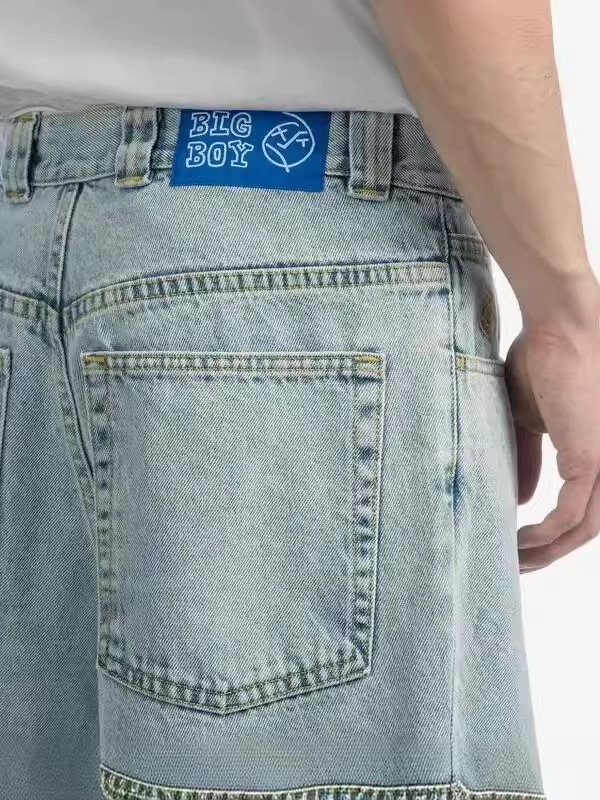 Polar Big Boy Quần Bò Y2K Quần Jean Nam Rộng Màu Xanh Thêu Hoạt Hình Hip Hop Harajuku