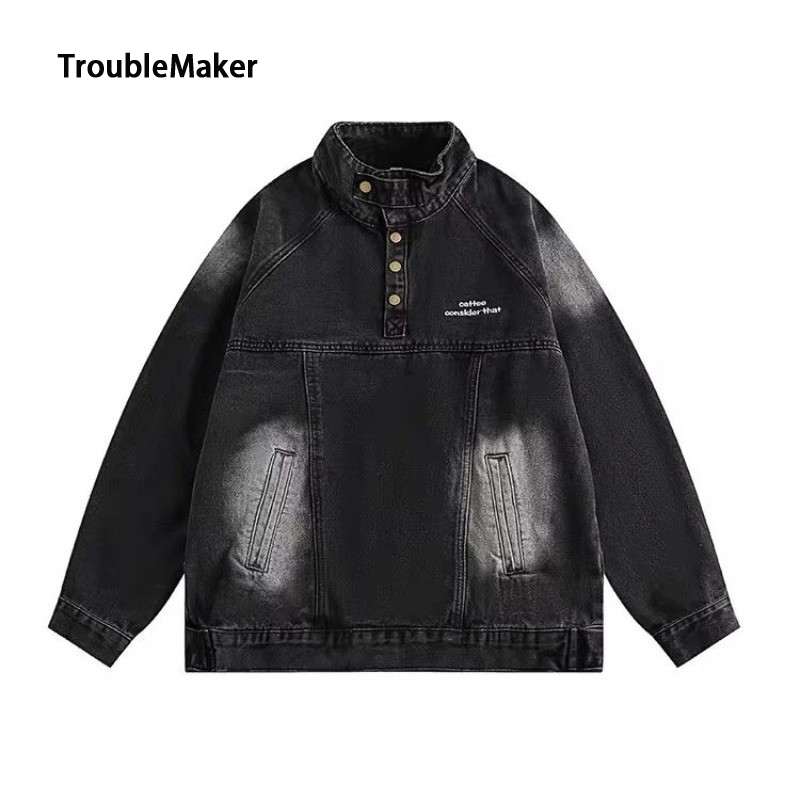 TroubleMaker Spring and Autumn System Retro Street Half High Collar Retro denim jacket, suitable for men and women's casual loose work jacket ราคา 548 บาท*ส่งฟรี