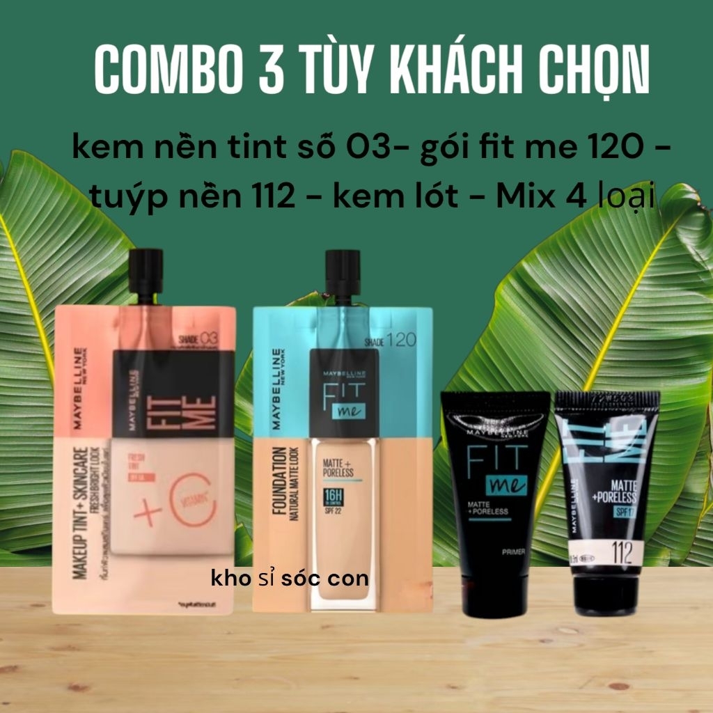 COMBO 2 - Kem nền Maybelline Fit Me mịn nhẹ kiềm dầu 120 - kem nền Maybelline fit me fresh tint vitamin c dạng gói 7ml