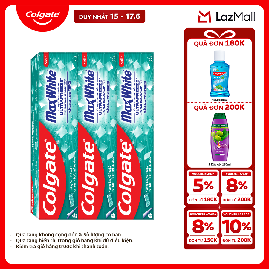 Bộ 3 Kem đánh răng Colgate MaxWhite tinh thể the mát, làm trắng răng trong 2 tuần