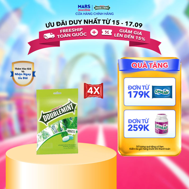 Combo 4 Túi Viên Ngậm Không Đường Doublemint Hương Bạc Hà Túi 30 Gói 2 Viên