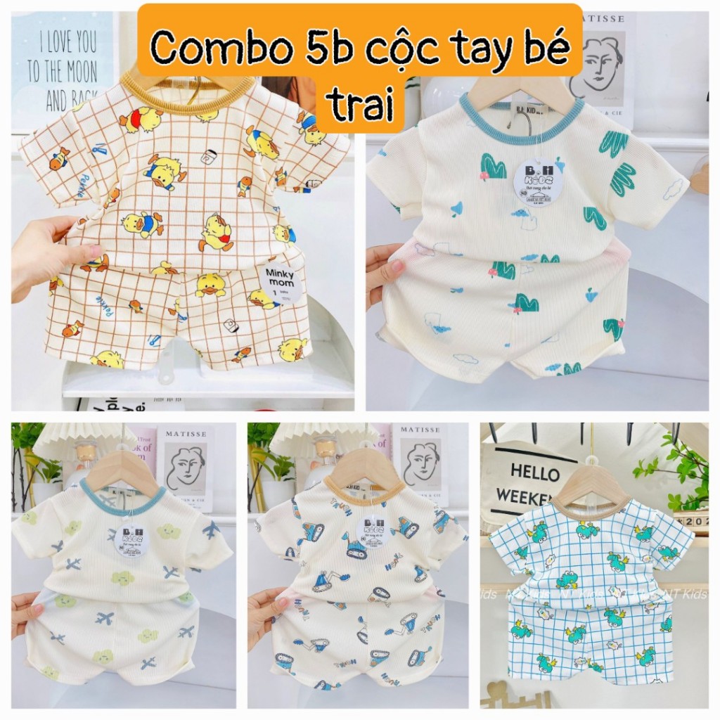 Combo 5 bộ cộc tay vải tăm lạnh, mịn mát, co giãn, thấm hút mồ hôi nhiều hoạ tiết dễ thương, cho bé sơ sinh - 2
