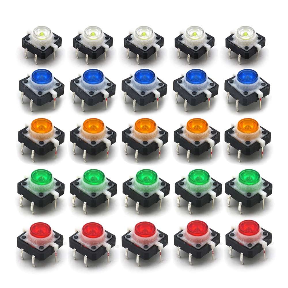 5 cái/lốc 12x12x7.3mm xúc giác công tắc bấm dạng đẩy nút chuyển mạch LED 5 màu 127.3mm 127.3 Đỏ màu xanh dương màu xanh lá cây vàng trắng