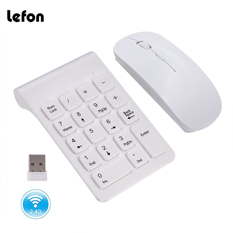 Lefon 2.4GHz Wireless Digital Keyboard Mini Numeric Keypad 18 Keys White Keypad Mouse Set for Accounting Laptop PC