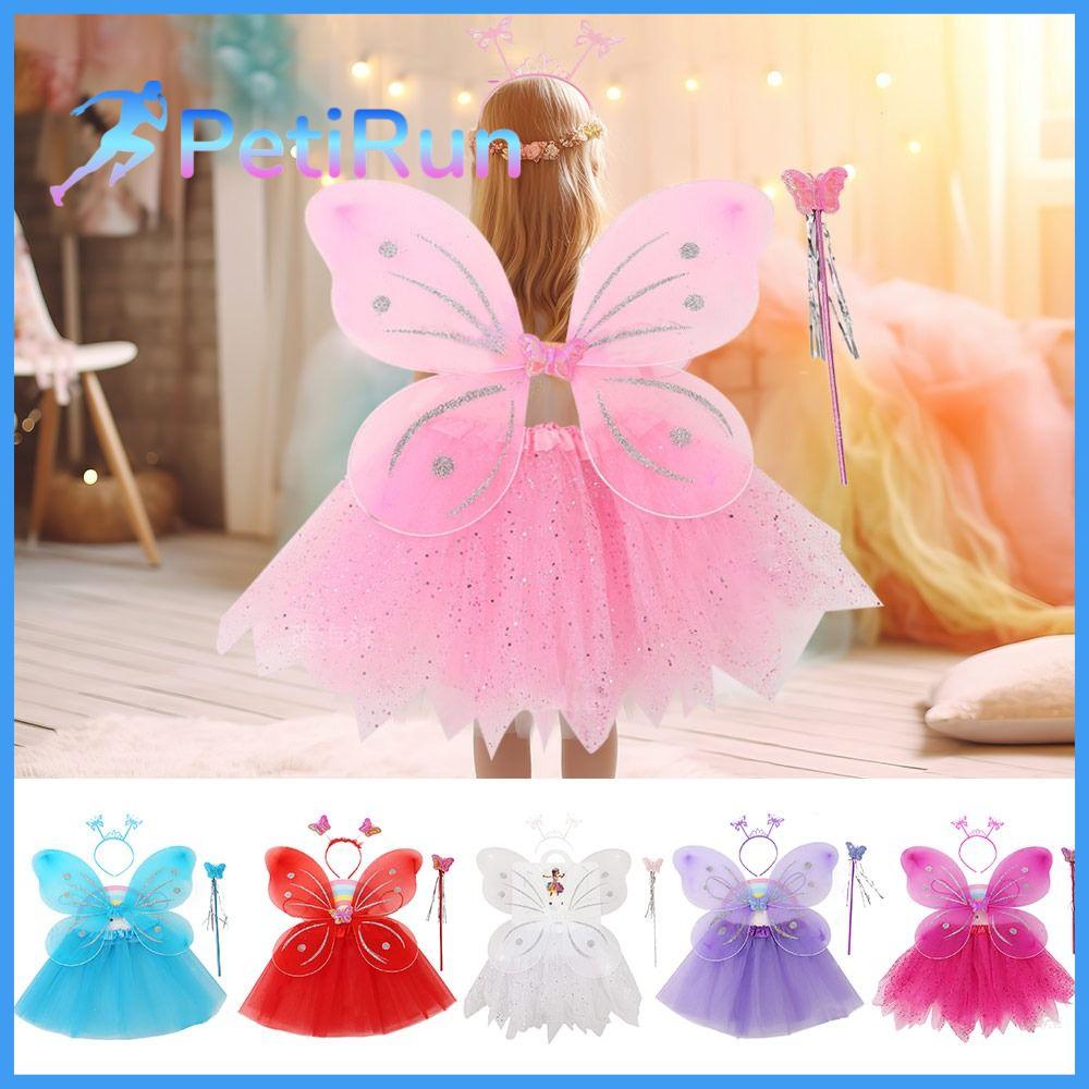 PETIRUN 4Pcs/Set Đạo cụ tiệc tùng Băng đô cánh bướm cho trẻ em Váy Xòe Mặc quần áo Cánh Tiên Thời trang Bộ quần áo trang phục hình bướm lấp lánh Bé gái