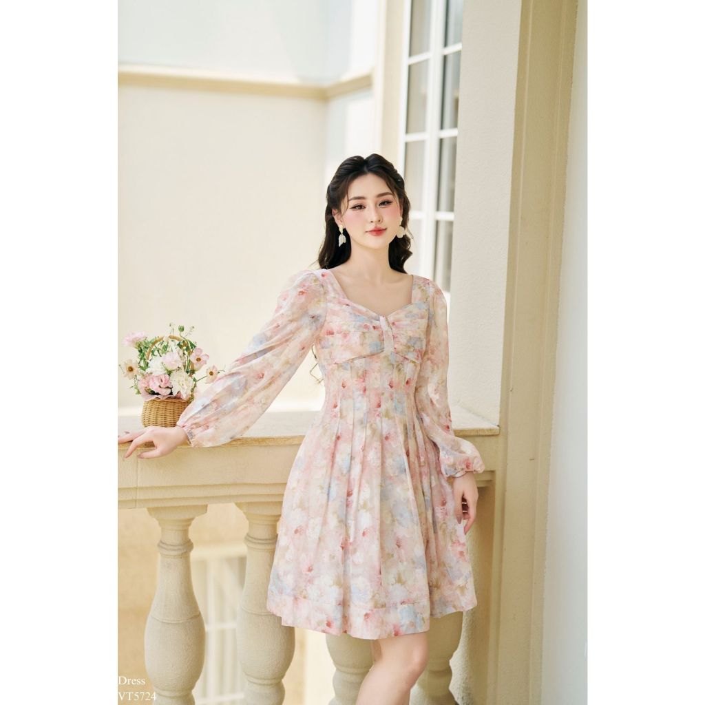 Váy hoa nữ thiết kế cổ vuông cúp ngực tay dài kiểu nơ xếp ly hai lớp cao cấp TIINSTORE VHD1091