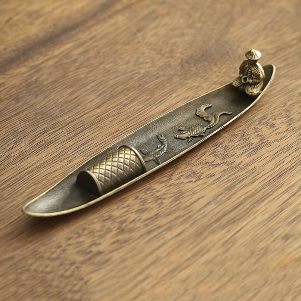 LOMEARD Boat Shape Incense Holder Metal Old Men Fishing Incense Censer Ancient Style Zen Style Incense Stick Burner Home Office Decor
