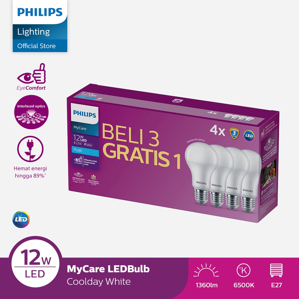 Philips Lampu LED MultiPack MyCare Eyecomfort LedBulb 12W 6500K Putih