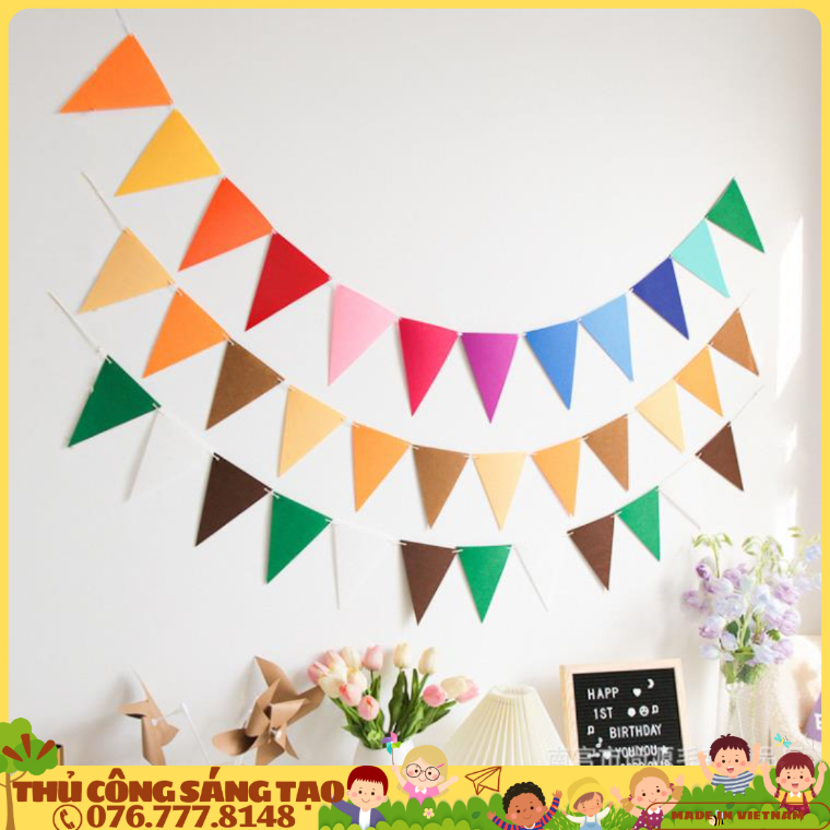 Dây cờ tam giác sắc màu trơn trang trí sinh nhật party kỷ yếu derco phòng giáng sinh năm mới lễ hội VPP