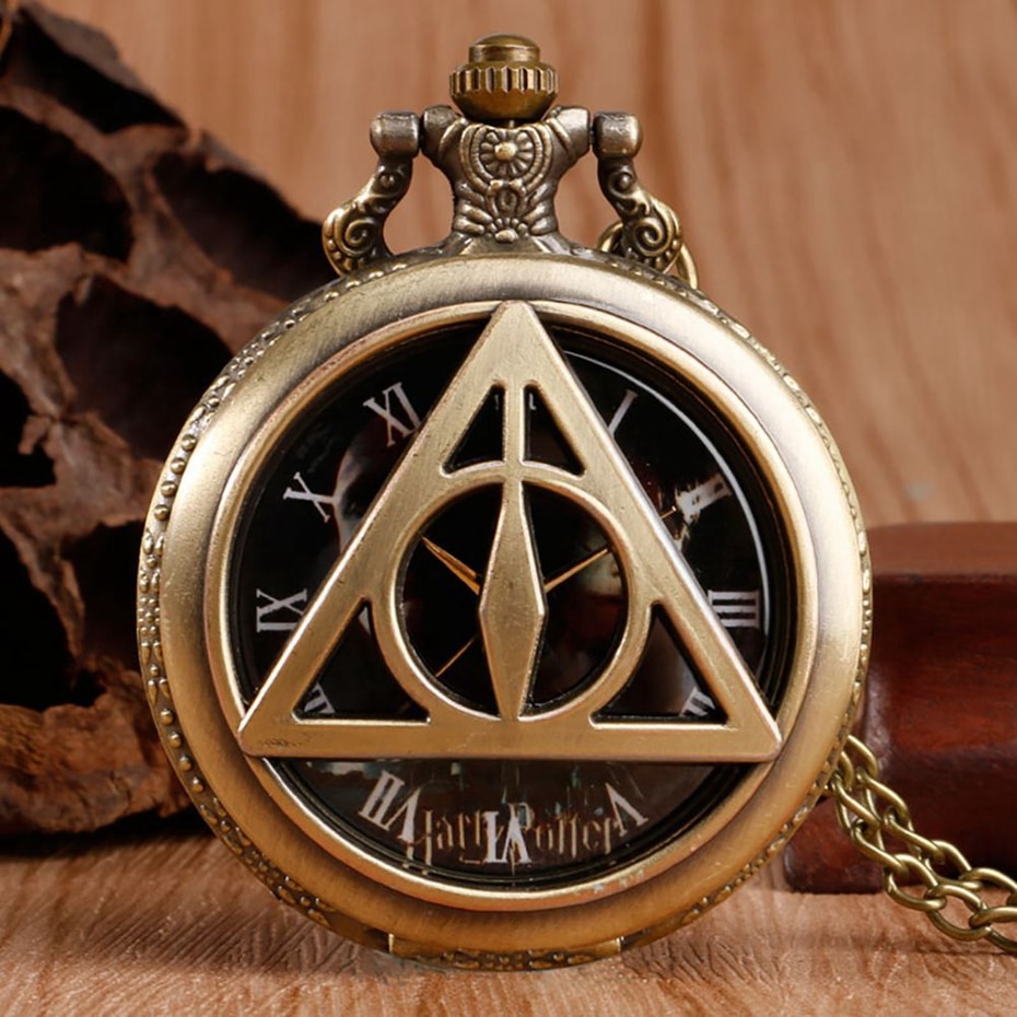 Bronze Retro Triangle The Deathly Hallows Lord Analog Harry Potter Quartz Pocket Watch Men Women Children Necklace Birthday Gift 2018 2019 (23)