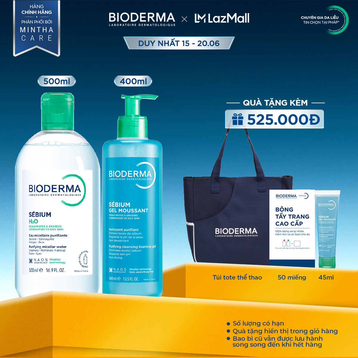 Bộ nước tẩy trang và làm sạch cho da dầu mụn Bioderma Sebium H2O 500ml và Gel rửa mặt 500ml