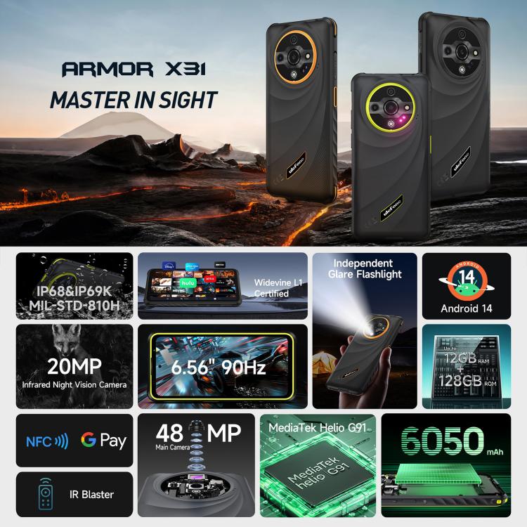 Ulefone Armor X31, 6GB+128GB, Night Vision, IP68/IP69K Rugged Phone, 6.56 inch Android 14 MediaTek Helio G91 Octa Core, Network: 4G, NFC, OTG ราคา 10,257 บาท*ส่งฟรี