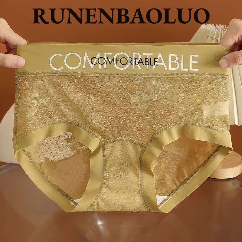 RUNENBAOLUO Women's Ultra-Thin Lace Mulberry Silk Crotch Antibacterial Breathable Mid Waist Briefs