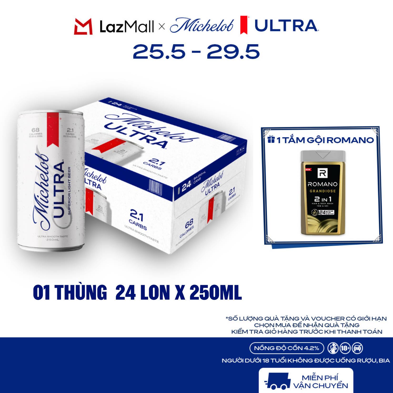 Nồng Độ Cồn 4.2% - Thùng 24 Lon Bia Michelob ULTRA Chính Hãng (250ml/ lon)