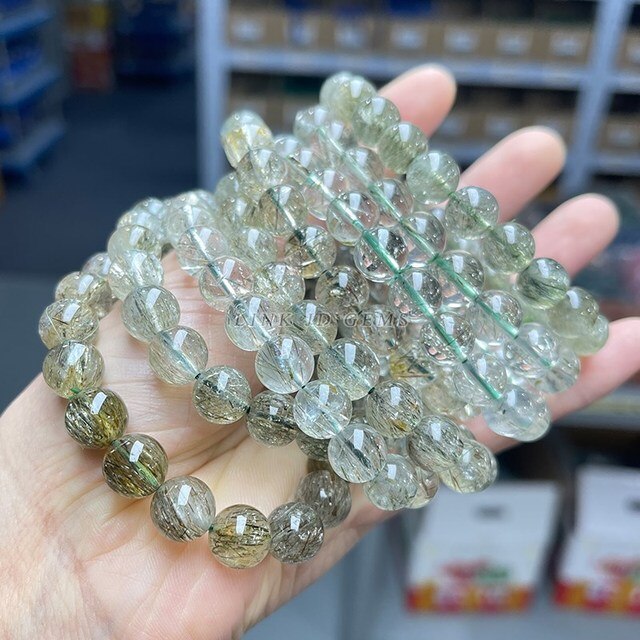 Jd Natural Green Rutilated Quartz Round Bead Bracelets Women Hair Crystal Lucky Charm Elastic Bangles Girlfriend Jewelry