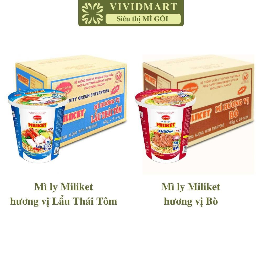 [THÙNG 24 LY] - COLUSA - Mì ly Miliket 2 vị: Lẩu Thái Tôm, Bò, Mì Miliket ly Lẩu Thái Tôm, Mì Miliket ly Bò (65g/ly)