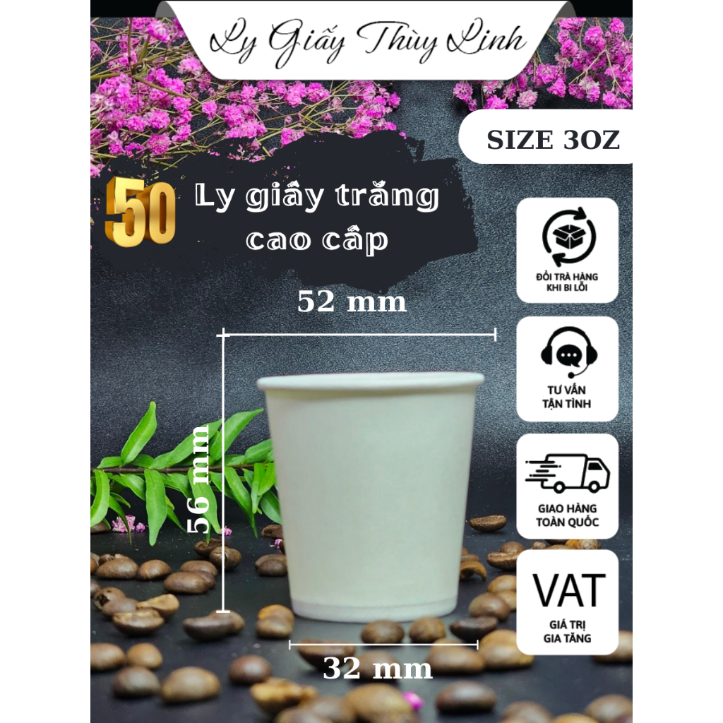 Combo 50 Ly giấy Thùy Linh màu trắng 3OZ (Dài 56 - Miệng 52 - Đáy 32), Cốc giấy dùng 1 lần 50pcs / 1 túi, thân thiện với môi trường, được các sự kiện, trường học, nơi đông người tin tưởng sử dụng. Bán buôn giá rẻ.