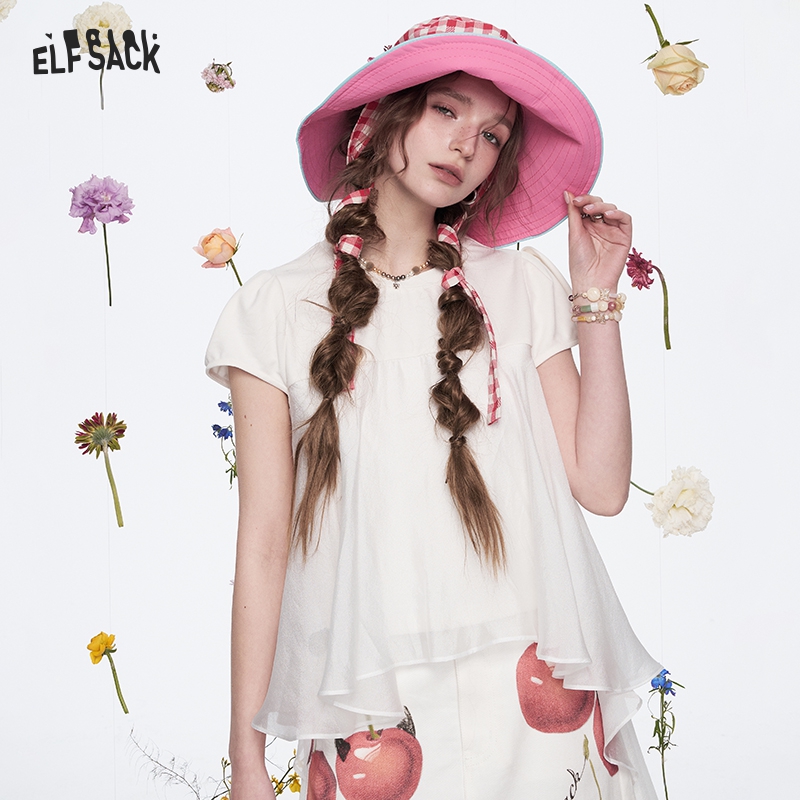 ELFSACK Spring New Arrivals Sweet Puff Sleeve White Short Sleeve T-shirt Women Casual Stitching Pleated Top ราคา 1,525 บาท*ส่งฟรี