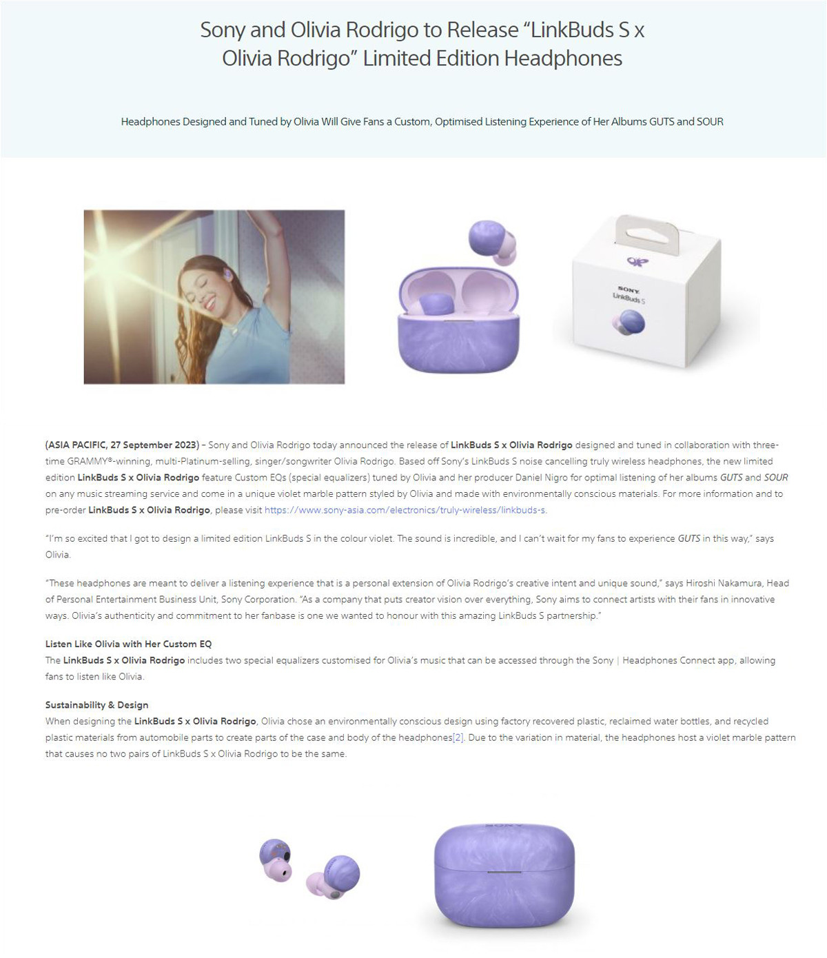 Sony WF-LS900N “LinkBuds S x Olivia Rodrigo” Limited Edition Sony WF-LS900N “LinkBuds S x Olivia Rodrigo” Limited Edition