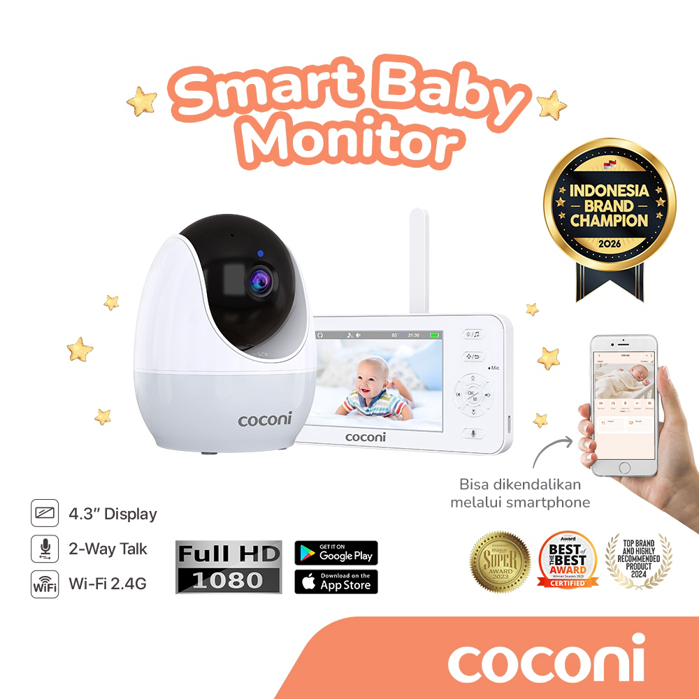 Coconi Smart Baby Monitor 1080P HD – Kamera Bayi WiFi + Monitor 4.3” | Night Vision Auto Tracking 2 Way Talk Suhu & Kelembapan
