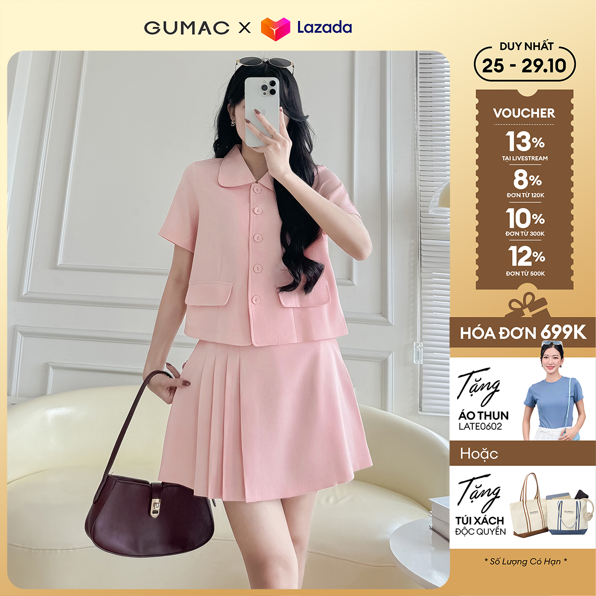 Set lẻ Áo kiểu cổ sen tròn thời trang GUMAC LAF0808 - Chân váy A xếp ly thời trang GUMAC LVF0809