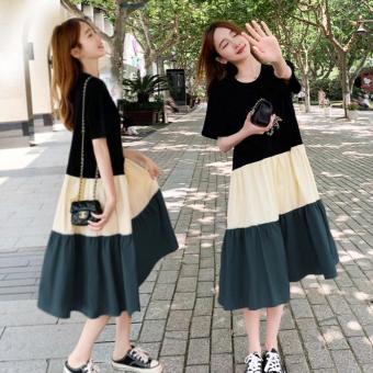 Thời trang Hàn Quốc Splice thoải mái tay ngắn đơn giản Đầm bầu nữ sinh lỏng lớn bánh Đầm midi