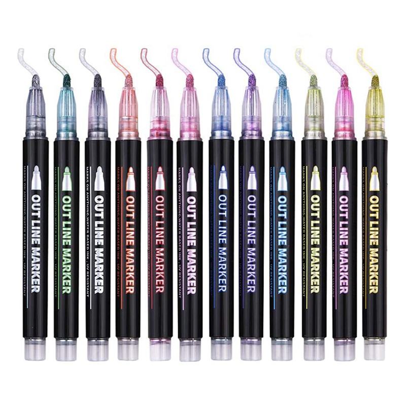 Double Line Outline Pens 12 Colors Outline Metallic Markers Glitter