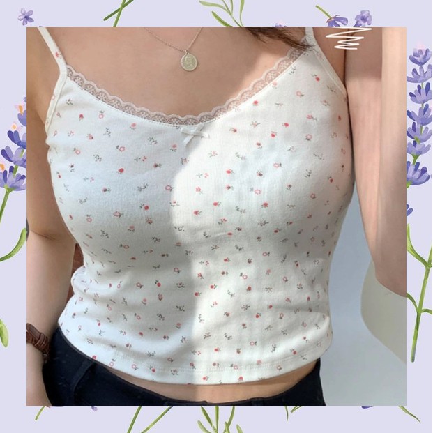 Áo croptop hai dây hoa nhí viền ren kèm ảnh thật famos