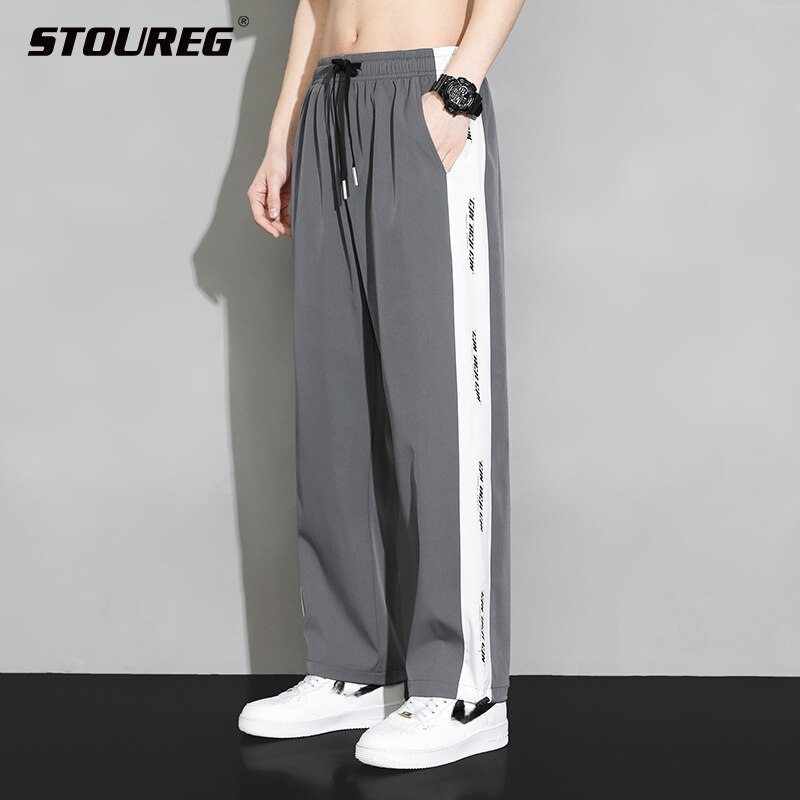 Men Casual Long Pants Summer Ice Silk Quick Dry Loose Fitting Straight Leg