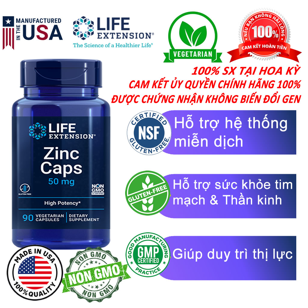 [Life Extension] Viên uống bổ sung kẽm (Zinc Caps) hỗ trợ bảo vệ miễn dịch cho cơ thể (HSD 31/03/2025) SP CHÍNH HÃNG