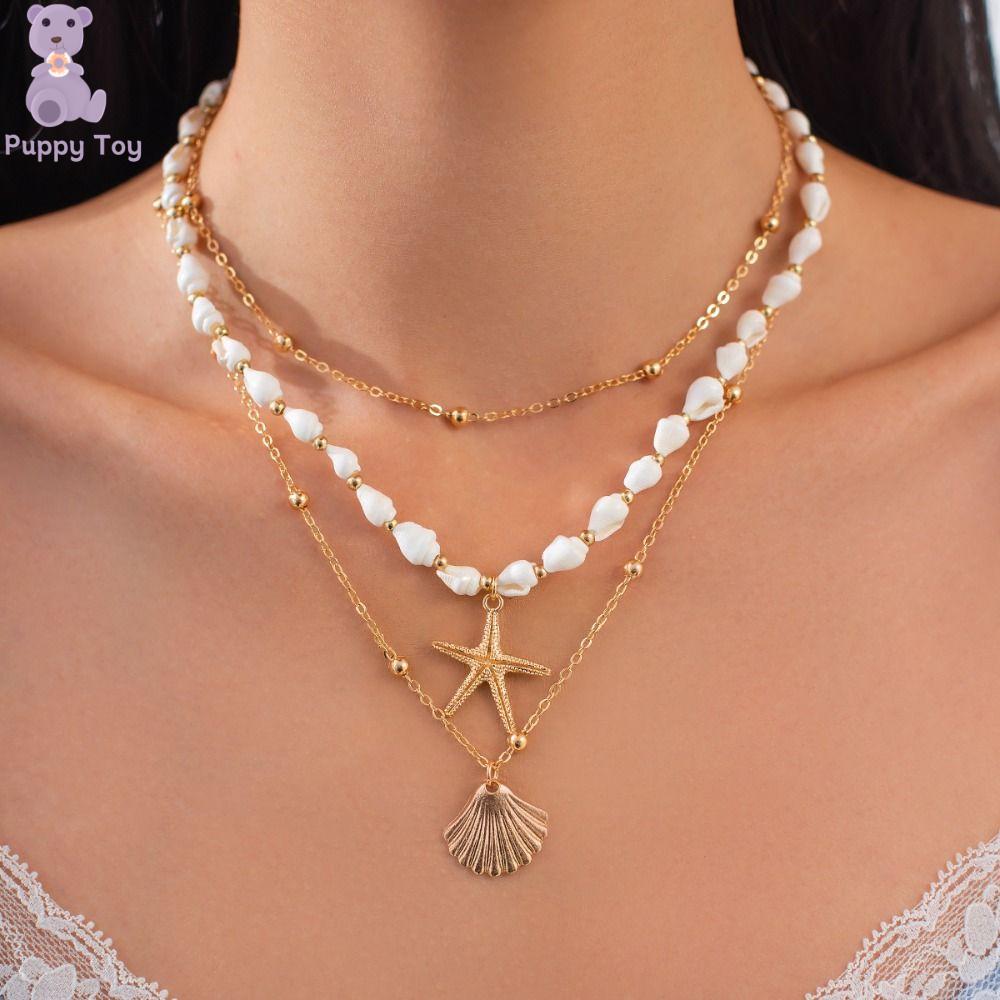 TESDFD dây chuyền hình trái tim Dây chuyền phong cách Bohemia Đa lớp Sao biển Dây chuyền nhiều lớp vỏ sò Hợp thời trang Ốc biển Dây chuyền hạt ngọc trai Phụ nữ