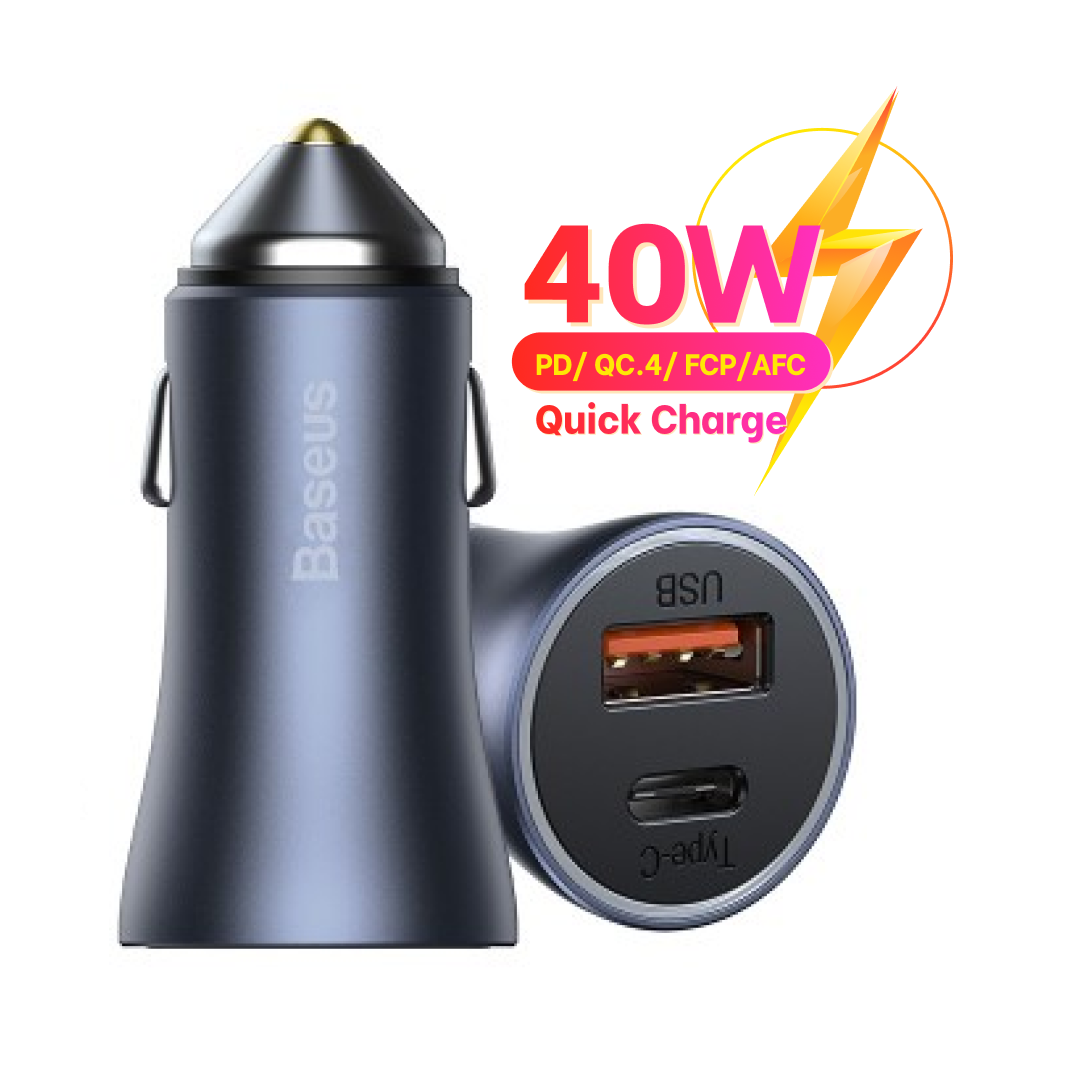 Tẩu sạc nhanh ô tô baseus 40w, cổng usb-a + type-c, nhôm, sạc nhanh xe hơi pd20w/qc3.0 baseus golden contactor pro