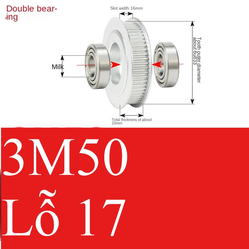 Bánh Răng Đồng Bộ răng 16-17 | 3M 50 Răng Guangfa - Răng Căng, Rãnh 11/16/21mm, Có Ổ Bi, Lỗ 5-17mm, Nhôm, Hướng Dẫn Công Nghiệp