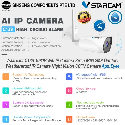 Vstarcam C13S 1080P Wifi IP Camera Siren IP66 2MP Outdoor Weatherproof IR Camera Night Vision CCTV Camera App:Eye4