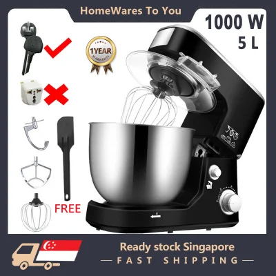 （Singapore Local Seller）Ready Stock 1000W 5L Heavy Duty Stand Mixer Baking Stainless Steel Bowl, Dough Hook, Whisk & Beater, Mesin Pengadun Tepung