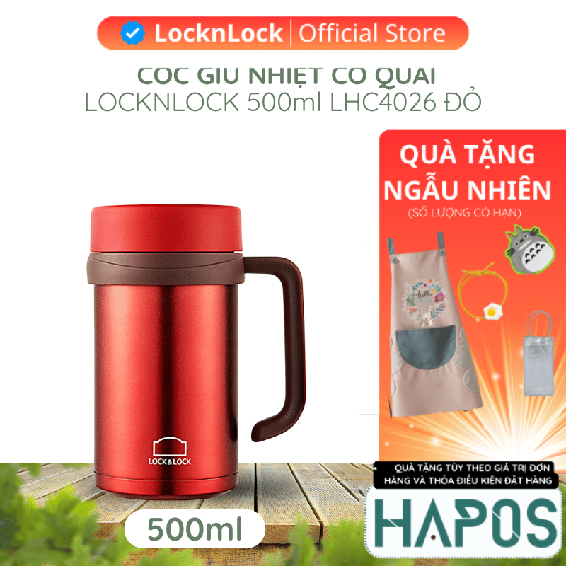 Cốc giữ nhiệt có tay cầm 500ml LocknLock đựng nước New Basic Table LHC4026 - đỏ và đen - HAPOS