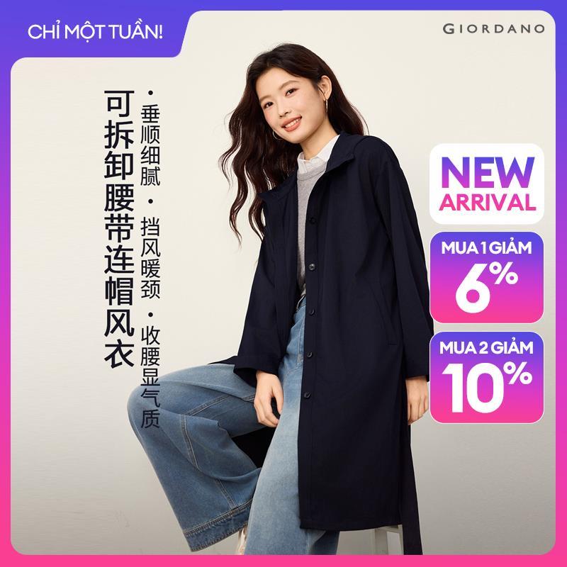 GIORDANO Women Coats Belted Waist Long Trench Coats Button Closure Fashionable Casual Relaxed Hooded Coats 13376791