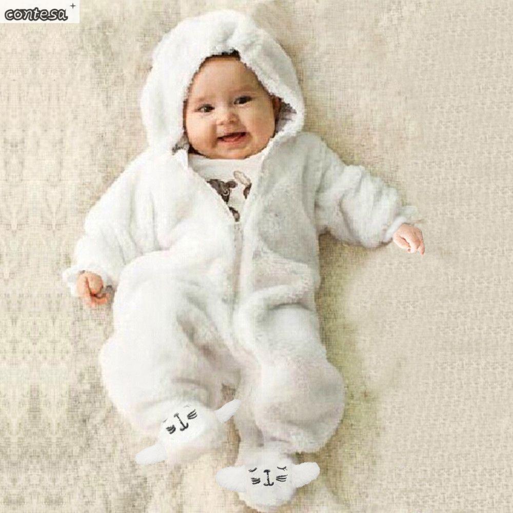 CONTESA 0-12M White Warm Hooded Cotton Infant Baby Jumpsuit Baby Rompers